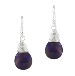 Briolette Stone Drop Coil and Spiral Wrapped Sterling Silver Earrings, Amethyst