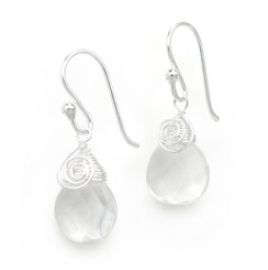 Briolette Crystal Drop Coil and Spiral Wrapped Sterling Silver Earrings, Clear