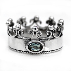 Sterling Silver Crown with Cubic Zirconia "Princess" Ring, Aqua