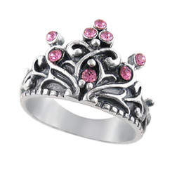 Sterling Silver Crystal Crown "Tiara" Ring, Pink