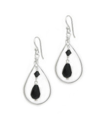Sterling Silver Open Teardrop Wire Crystal Drop Earrings, Black