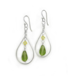 Sterling Silver Open Teardrop Wire Crystal Drop Earrings, Green
