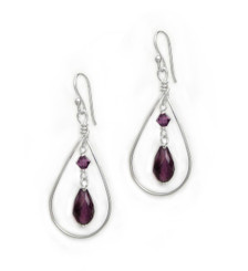 Sterling Silver Open Teardrop Wire Crystal Drop Earrings, Purple