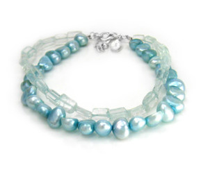 Cultured Pearls and Stones Double Strand Sterling Silver 7 1/2" Extendable Bracelet, Blue Topaz