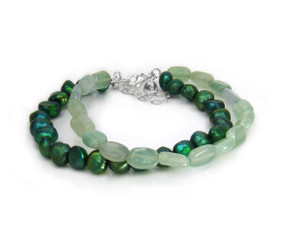 Cultured Pearls and Stones Double Strand Sterling Silver 7 1/2" Extendable Bracelet, Green Aventurine