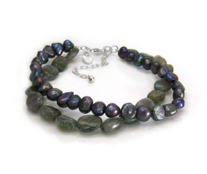 Cultured Pearls and Stones Double Strand Sterling Silver 7 1/2" Extendable Bracelet, Labradorite
