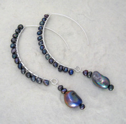 Sterling Silver Pearl Drop Beaded Elliptical Hook Earrings, Peacock