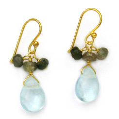 Gold Plated Sterling Silver Crystal Briolette Drops and Stone Cluster Earrings, Aqua