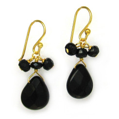 Gold Plated Sterling Silver Crystal Briolette Drops and Stone Cluster Earrings, Black