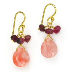 Gold Plated Sterling Silver Crystal Briolette Drops and Stone Cluster Earrings, Cherry Quartz