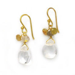 Gold Plated Sterling Silver Crystal Briolette Drops and Stone Cluster Earrings, Clear