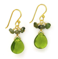 Gold Plated Sterling Silver Crystal Briolette Drops and Stone Cluster Earrings, Green
