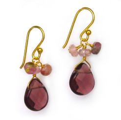 Gold Plated Sterling Silver Crystal Briolette Drops and Stone Cluster Earrings, Purple