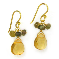 Gold Plated Sterling Silver Crystal Briolette Drops and Stone Cluster Earrings, Yellow