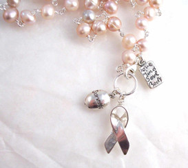 Sterling Silver Cultured Freshwater Pearl Breast Cancer "Survivor" Ribbon Multiple Charms Necklace, 16"