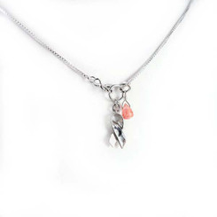 Breast Cancer Awareness Sterling Silver Ribbon Charm & Crystal Front Clasp Necklace