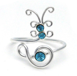 Sterling Silver Crystal Butterfly Adjustable Toe Ring, Aqua