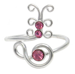 Sterling Silver Crystal Butterfly Adjustable Toe Ring, Pink