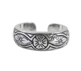 Sterling Silver Fancy Flower Pattern Band Adjustable Toe Ring