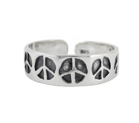 Sterling Silver Peace Signs on Sleek Band Adjustable Toe Ring