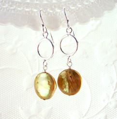 Sterling Silver Circle and Cultured Coin Pearl Drop Earrings, Gold