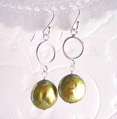 Sterling Silver Circle and Cultured Coin Pearl Drop Earrings, Olive Green