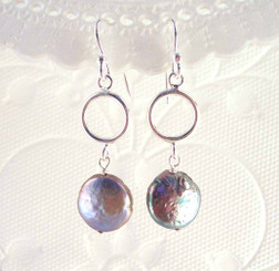 Sterling Silver Circle and Cultured Coin Pearl Drop Earrings, Peacock