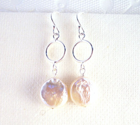 Sterling Silver Circle and Cultured Coin Pearl Drop Earrings, White