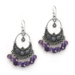 Sterling Silver Bohemian "Arya" Shell Inlay and Semi-precious Stones Cluster Earrings, Amethyst