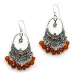 Sterling Silver Bohemian "Arya" Stone Inlay and Semi-precious Stones Cluster Earrings, Carnelian