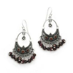 Sterling Silver Bohemian "Arya" Stone Inlay and Semi-precious Stones Cluster Earrings, Garnet