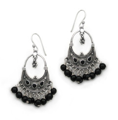 Sterling Silver Bohemian "Arya" Stone Inlay and Stones Cluster Earrings, Onyx