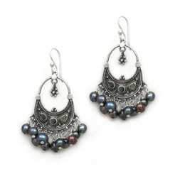 Sterling Silver Bohemian "Arya" Shell Inlay Cultured Freshwater Pearls Cluster Earrings, Peacock Pearls