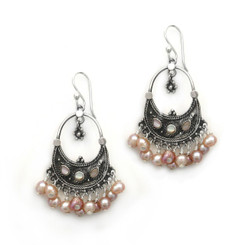 Sterling Silver Bohemian "Arya" Shell Inlay and Cultured Freshwater Pearls Cluster Earrings, Pink Pearls