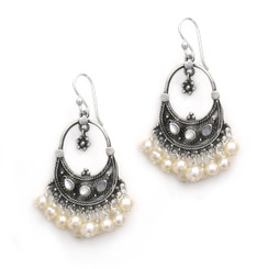 Sterling Silver Bohemian "Arya" Shell Inlay and Cultured Freshwater Pearls Cluster Earrings, White Pearls