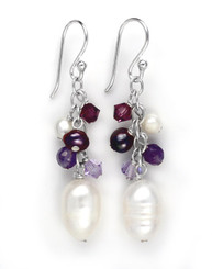 Sterling Silver Pearls, Crystals, and Amethyst Stone Cluster with Pearl Drop Earrings