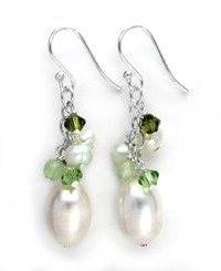 Sterling Silver Pearls, Crystals, and Green Stones Cluster with Pearl Drop Earrings