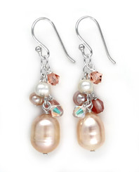 Sterling Silver Cultured Freshwater Pearls, Crystals, and Quartz Cluster with Peach Pearl Drop Earrings