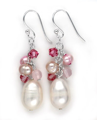 Sterling Silver Pearls, Crystals, and Pink Stones Cluster with Pearl Drop Earrings