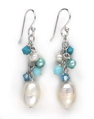 Sterling Silver Pearls, Crystals, and Blue Stones Cluster with Pearl Drop Earrings