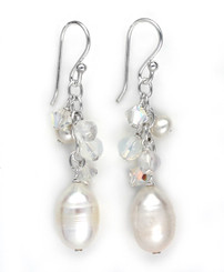 Sterling Silver White Pearls, Crystals, and Clear Quartz Cluster with Pearl Drop Earrings
