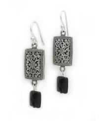 Sterling Silver Ornate Flower and Swirls with Faceted Rectangle Drop "Valentina" Earrings, Black
