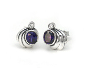 Sterling Silver Crystals and Side Swirl Stud Post Earrings, Purple