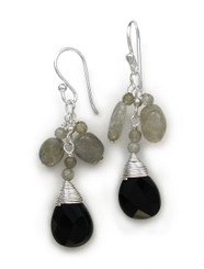 Sterling Silver Gemstone and Crystals "Venessa" Drop Earrings, Labadorite and Black