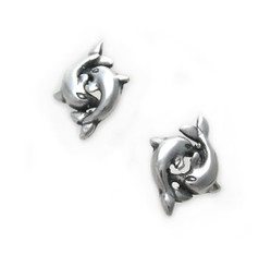 Sterling Silver Playful Double Dolphins Stud Post Earrings