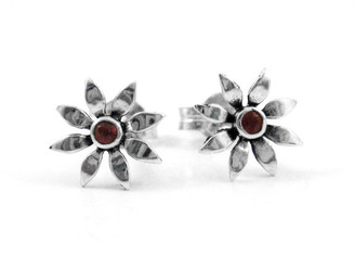 Sterling Silver Ruby Flower Post Earrings