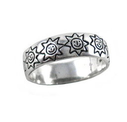 Sterling Silver Happy Face Suns Band Ring