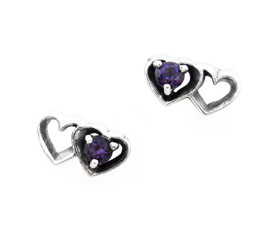 Sterling Silver Stone Double Hearts Stud Post Earrings, Purple