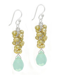 Sterling Silver Cultured Freshwater Pearl Cluster Crystal Teardrop Earrings, Yellow Pearls & Blue