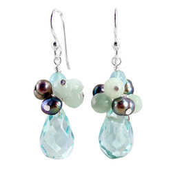 Sterling Silver "Candice" Cluster & Crystal Drop Earrings, Aqua